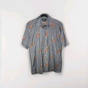 ALAN PAINE Shirt Black‎ Grey Stripe Leaves Men's Medium Button Up Short Sleeve